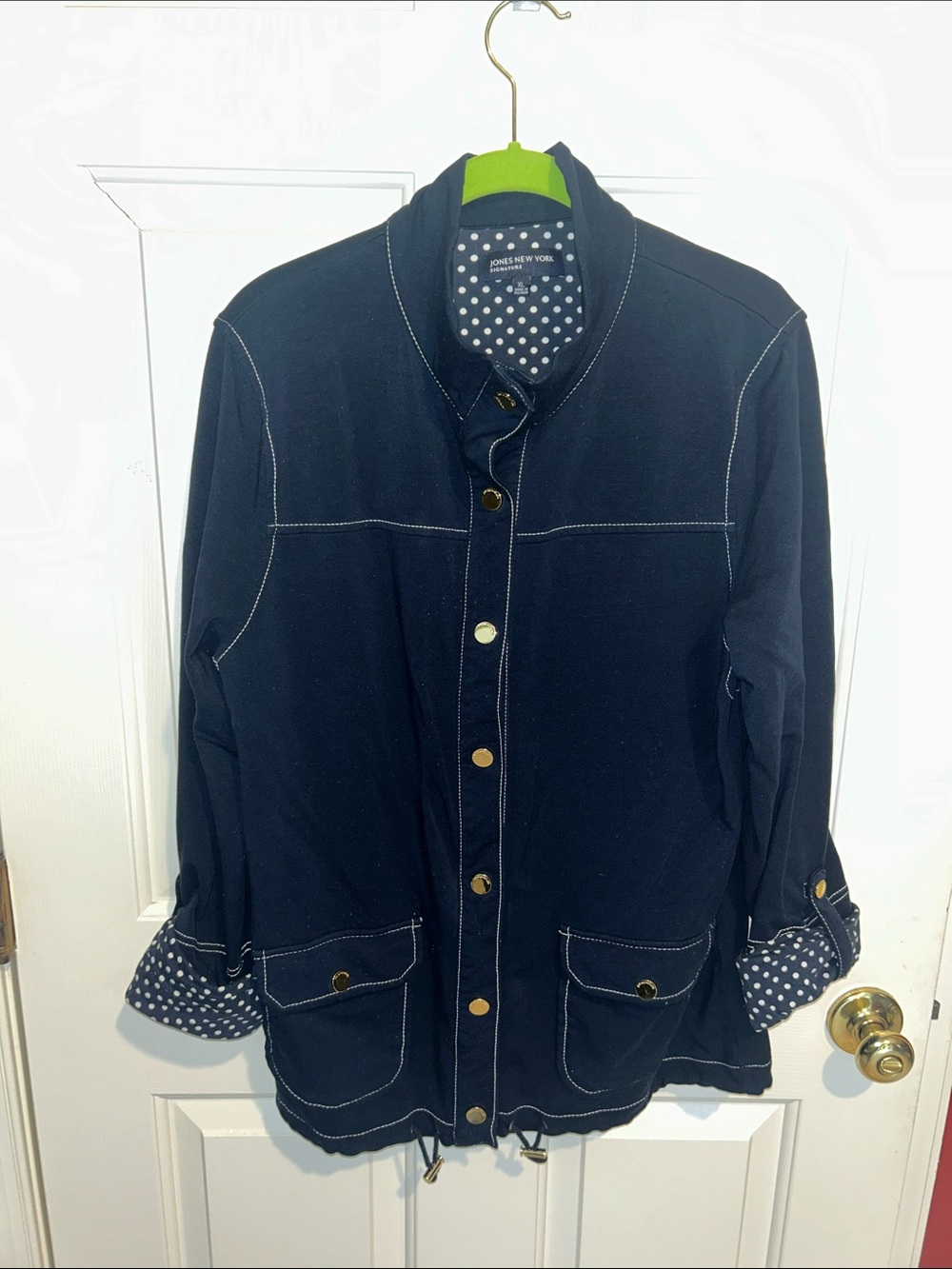 Jones New York Navy Utility Jacket with Polka-Dot Trim
